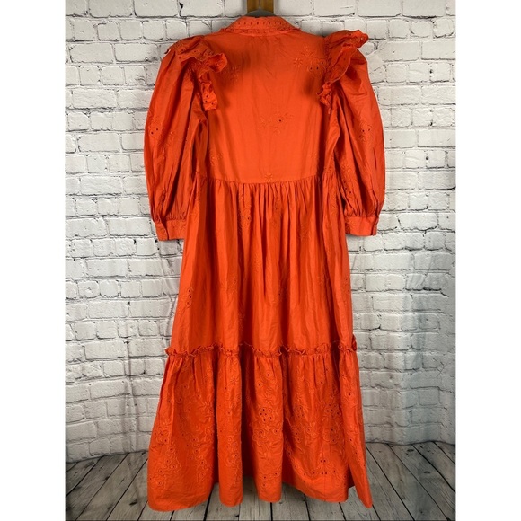 Zara Poplin Embroidered Midi Dress Eyelet Ruffled Puff Sleeve Orange - Picture 2 of 10